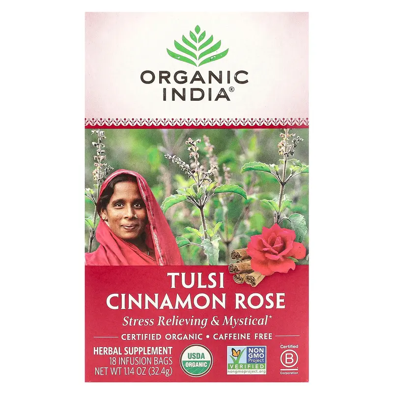Organic India Tulsi Cinnamon Rose Tea, Caffeine-Free, 18 Infusion Bags, 1.14 oz (32.4 g)
