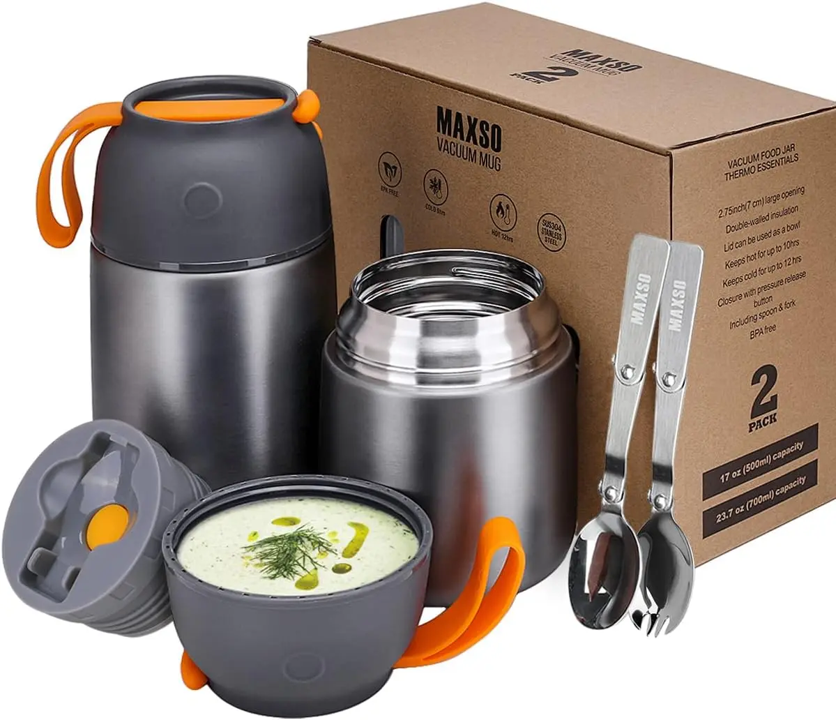 MAXSO 2 Pack Soup Thermo for Hot & Cold Food for Kids Adults, Vacuum Insulated Food Jar Thermal Lunch Containers, Travel Food Flask with Spoon (24 oz,17 oz) (Grey)