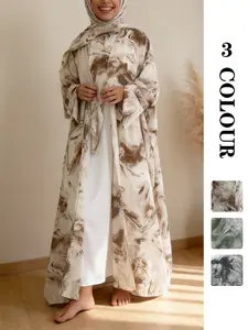[Includes Hijab] Women's Art Print Batwing Sleeve Long Robe Cardigan Set, Loose-Fitting Vacation Style with Pockets, Includes Headscarf Gift, Abaya Hijab Set