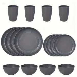 Sebastian CADIA 16-Piece Small Modern Plastic Cutlery & Dinnerware Set, Shatterproof, Reusable, Microwave-Safe, Dishwasher-Safe, Includes Cups, Plates, Bowls, Ideal for RV Camping, Picnic