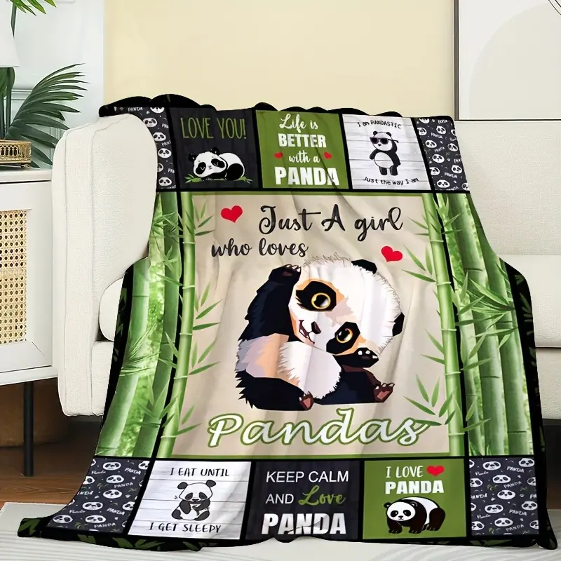 "Just A Girl Who Loves Pandas" Bamboo Patchwork Flannel Blanket - Soft, Cozy, Fuzzy Warm Plush Throw, Ideal Birthday Christmas Gift for Panda Lovers, Bedroom Sofa Home Decor