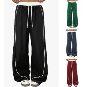 SCUSTY Womens Casual Sweatpants Y2K Parachute Striped Pants Wide Leg Cargo Drawstring Waist Jogger Basic Pants with Pockets