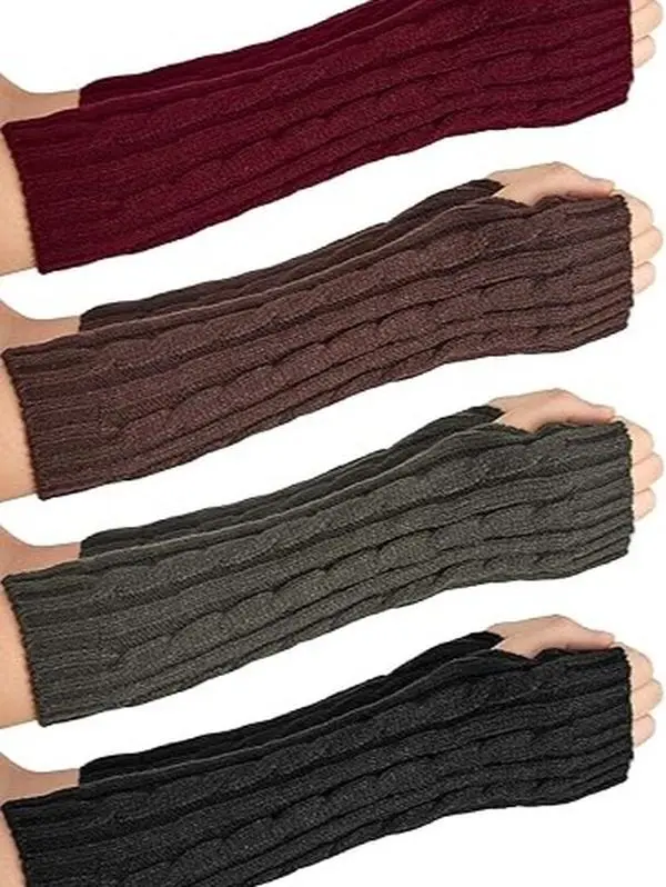 Women's 4 Pairs Mix Thermal Arm Warmers & Fingerless Gloves - 30x8cm Long Cable Knit Polyester Fiber, Soft Stretchy Long Sleeve Arm Sleeves with Thumb Hole, Elastic Wrist & Cuff, Windproof Outdoor Wear for Winter Outdoor Activities
