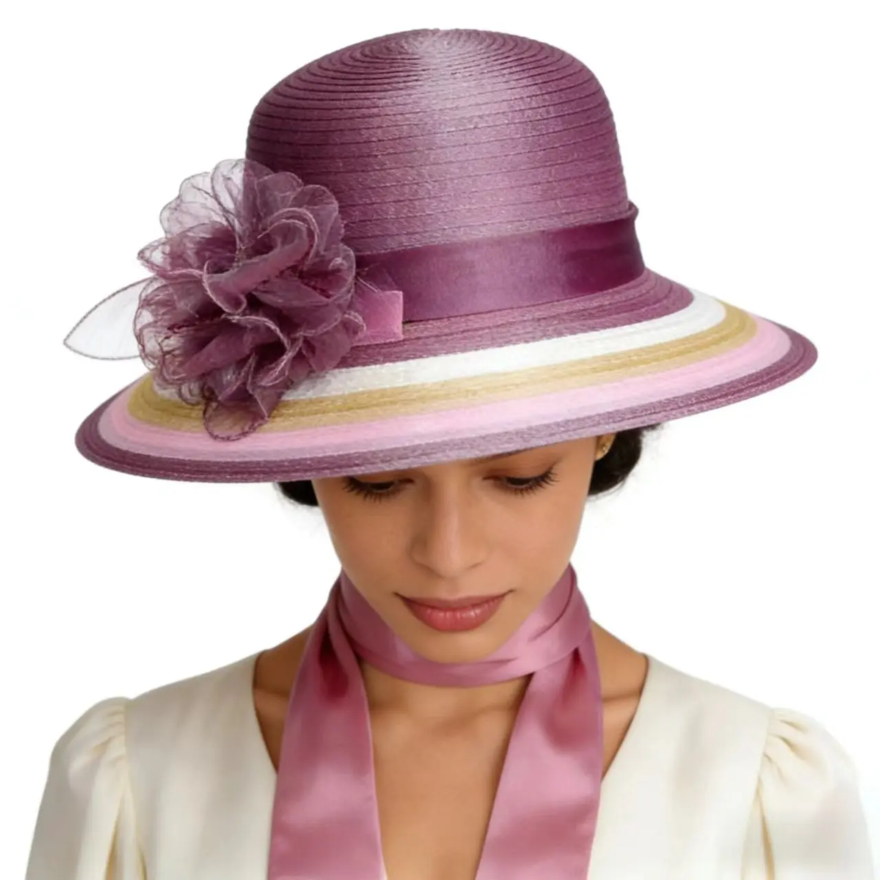 2-piece Set, French Retro Purple Gradual Change Flower Top Hat + Silk Scarf Set of The Same Color, Party and Banquet Dress Hat, Silk Scarf Accessories, Mesh Big Brim Women's Hat