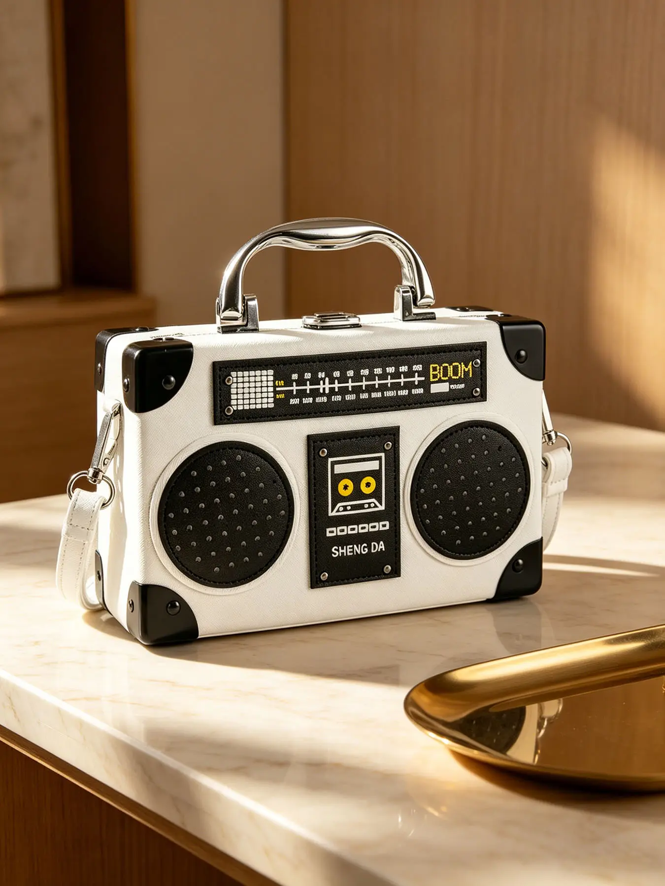 Retro Boombox Style Box Crossbody Bag, Black PU Novelty Radio Shaped Handbag with Detachable Strap, Structured Shoulder Purse, Fashionable Unique Bags, Funky Accessory for Music Lovers & Trendy Outfits, Handbag Sling Bag