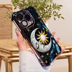 Aesthetic Sun And Moon Pattern Electroplated Phone Case for iPhone 17 16 15 14 13 12 11 Pro Max Plus Transparent TPU Four-Corner Anti-Fall Protective Cover for WoMen L1385