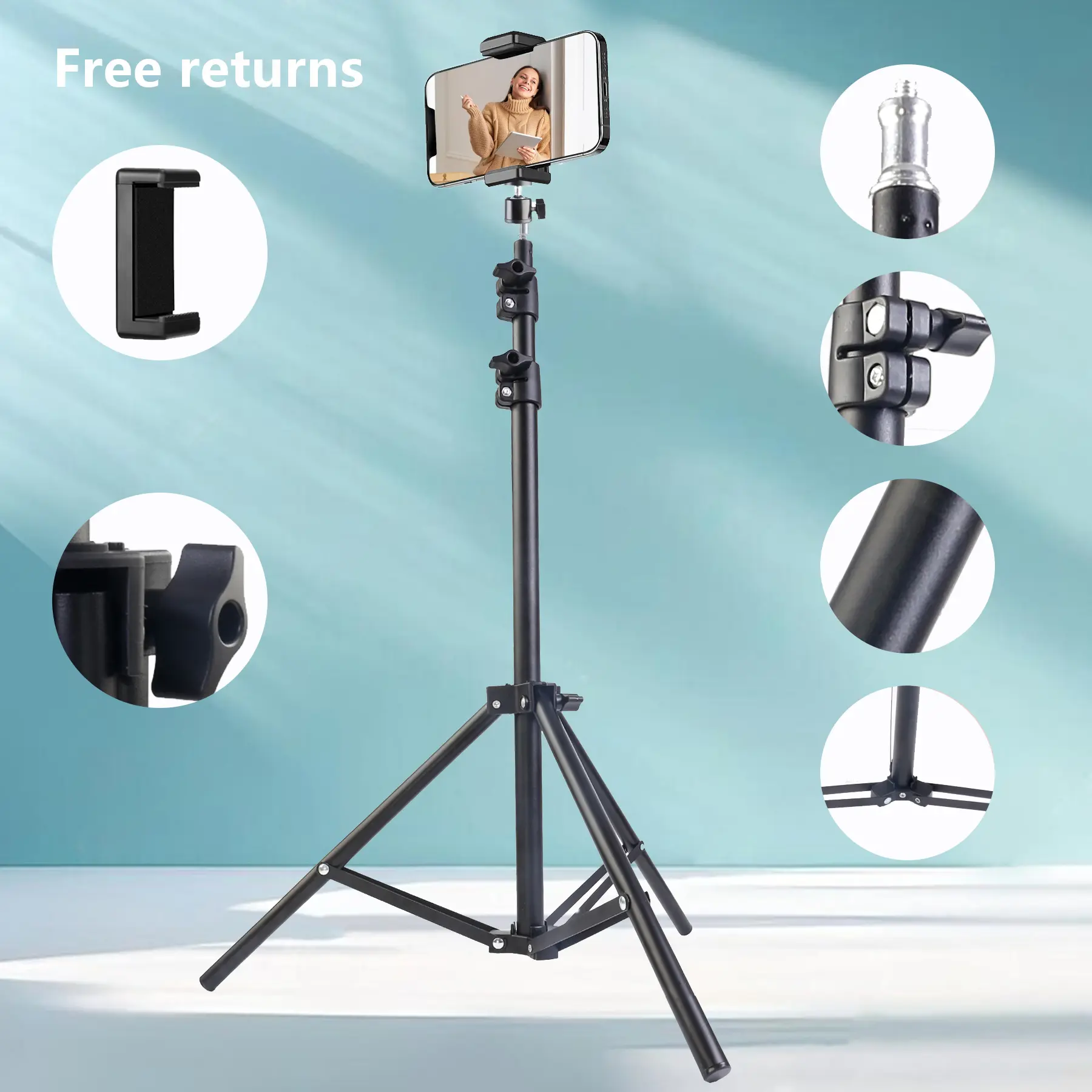 63"Aluminum Cell Phone Tripod Stand with 360° Rotating Ball Head & cellphone Mount - Perfect for iPhone,  Photography, control rotatable Selfies stick  & Video Creation, Tripod Stand for Phone holder Camera Smartphone
