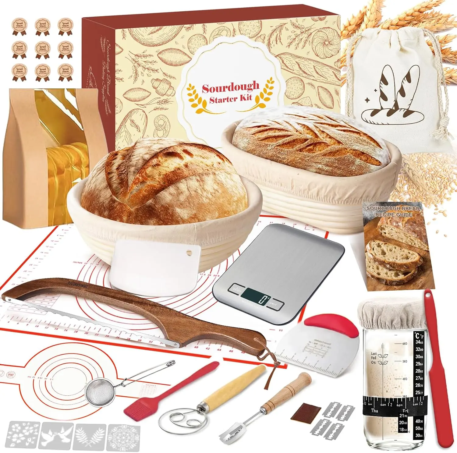 Sourdough Starter Kit with Scale, Banneton Bread Proofing Baskets Set | Complete Sourdough Bread Baking Supplies with Starter Jar, Full Sourdough Bread Making Tool, Gift Set for Bakers Beginner LAWFYMORI