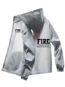 Men's Fashionable Fire Letter Print Jacket, Casual Zip Pocket Design, Hooded Spring & Fall Outerwear, Polyester Material, Fitted Style
