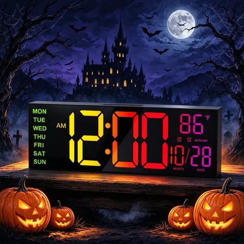 LEIKE 16.2" LED Large Digital Wall Clock - Rectangular Colorful House Decor Room Accessory, Cool Room Decor for Adult, Multi-Functional Home Supply with Remote Control, Dual Alarm, 8 RGB Colors, Auto DST, Temperature Display