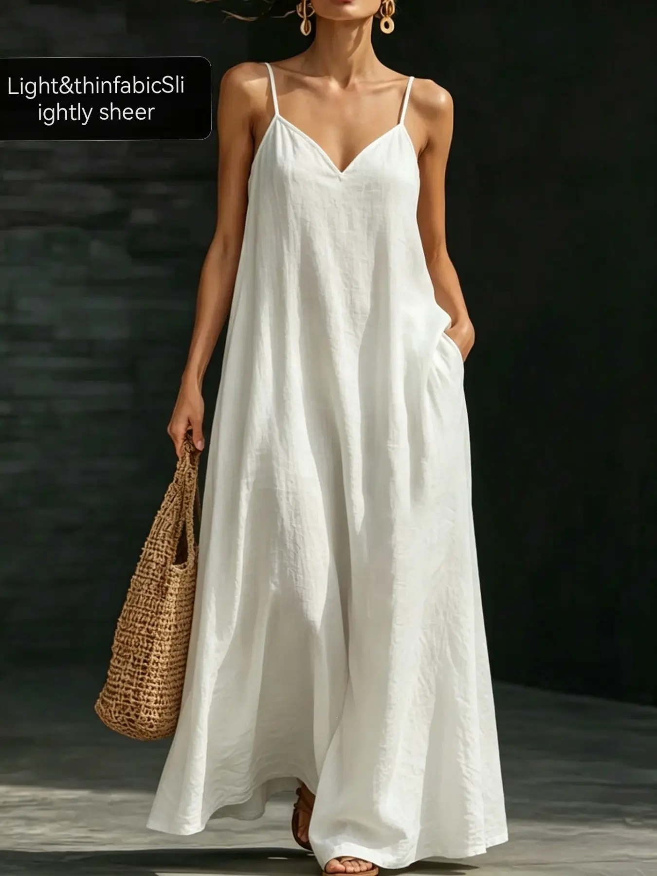 French Minimalist Summer New Women's Long Dress, Casual Fashion V-Neck Solid Color A-Line Dress, Trendy, Chic and Comfortable Sundresses, Beachwear Sundress, Frenchy Style Dress