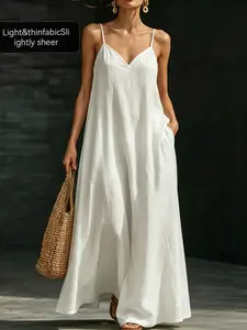 French Minimalist Summer New Women's Dress, Casual Fashion V-Neck Solid Color Strapless A-Line Long Dress, Trendy and Comfortable