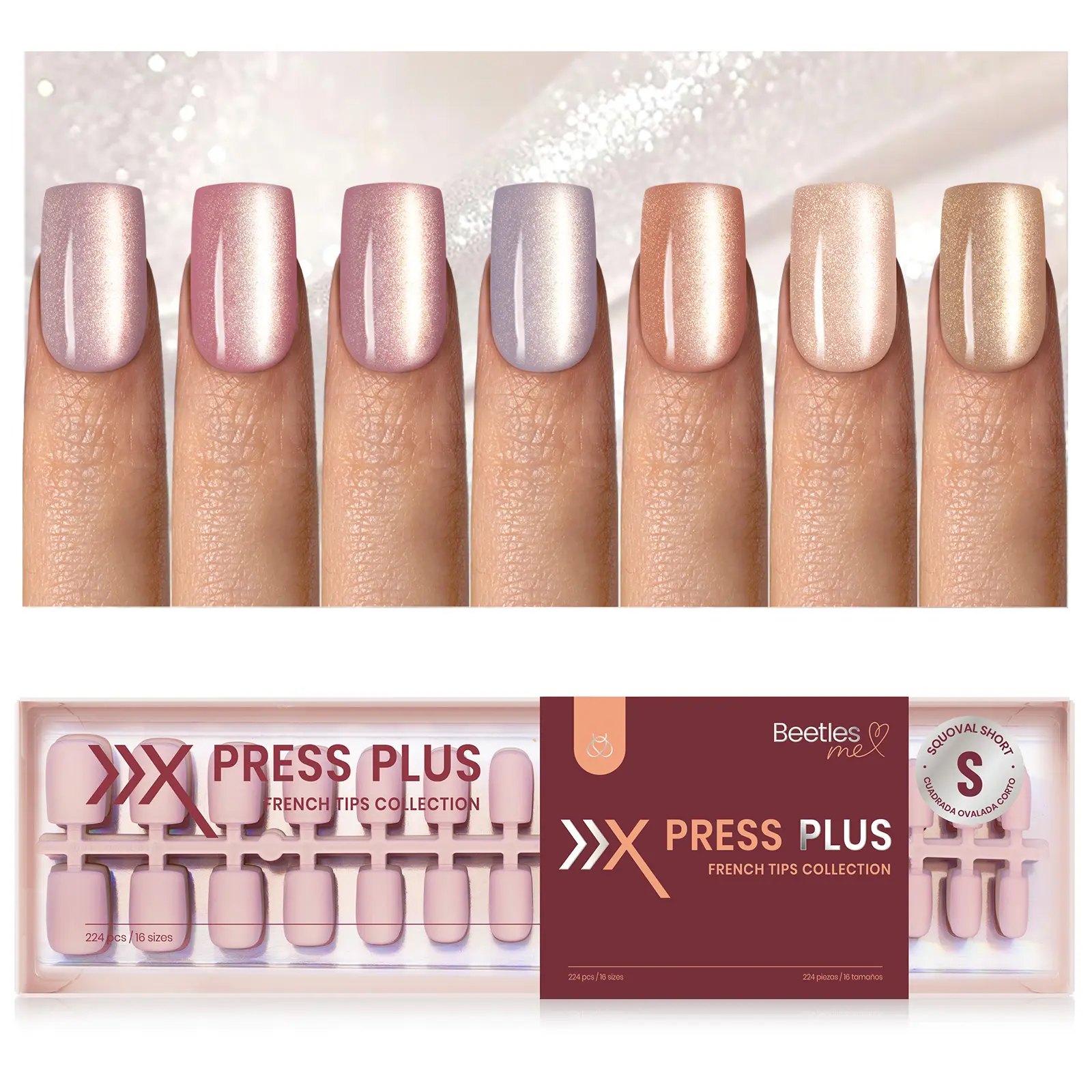 Beetles X Press Plus Cat Eye Nails Tips- 7 Colors Press On Nails | 16 Sizes 224 Pcs Natural Salon Quality Art DIY Gifts For Women Tips Only, Fake Nails, Decorative Nails