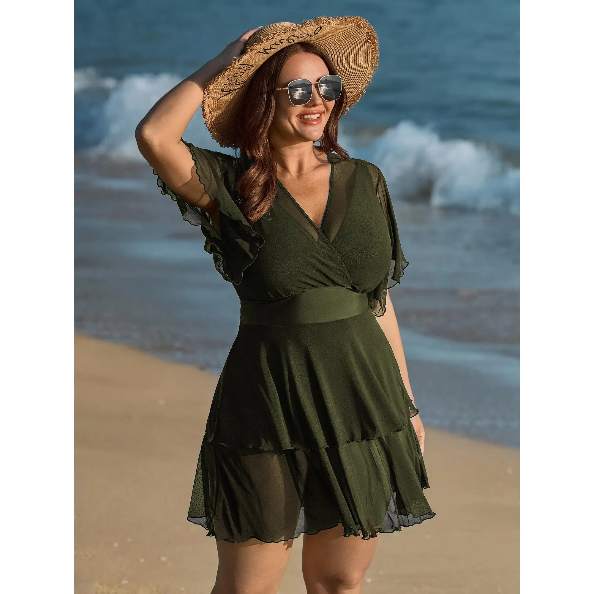 BloomChic Women's Plus Size Solid Layered V-Neck Swimdress, Modest Swimsuit for Women with Sheer Flutter Sleeves, Built-in Bottoms & Removable Cups, Modest Swim Dress, Swimdress Bathing Suit, Beachwear Swimsuits, Nylon, Cropped, Plain, Skirted Swimsuit Dr