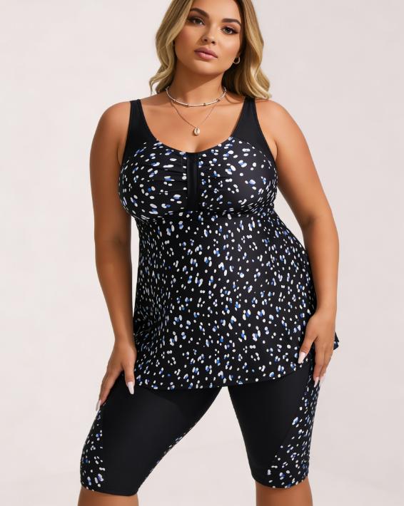 2026 Plus Size High Waist Knee Length Two Piece Tankini Swimsuit Set for Women, New Fashion Scoop Neck Ruched Front Dalmatian Print,High Stretch Tummy Control Modest Beach Vacation Swimwear