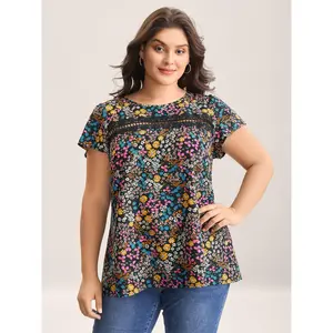 BloomChic Women's Plus Size Multi-Color Floral Print Lace-Spliced Blouse Top - Spandex Fabric, Smooth Fit, Long Sleeve Shirts, M-6X Sizes, 2026 Summer Mother's Day Clothes Pick Fitted Womenswear Swimweek