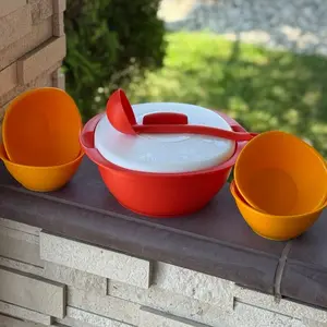 Durable Polypropylene Kitchenware & Cookware 5-Piece Set - Eco-Friendly Utensils Including 1.8L Red Lidded Container with Spoon, 4 Orange Bowls