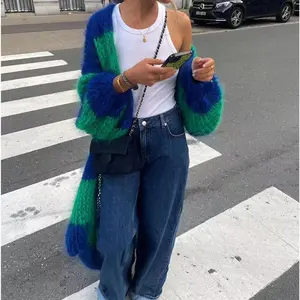 Spring and Autumn new contrasting colors striped lazy wind sweater long coat