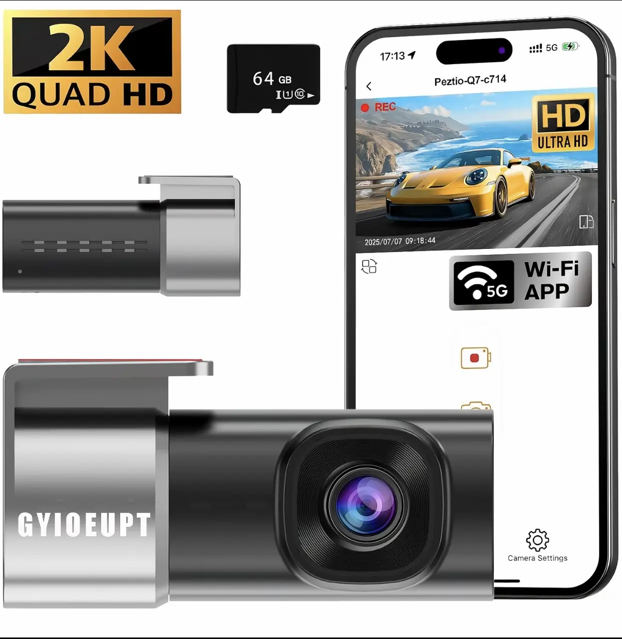 Wired WiFi dash cam with 2K high definition, comes with a free 64G TF card. It is a 360° rotatable mini vehicle camera equipped with night vision, loop recording and 24-hour parking monitoring functions, and supports video storage via memory cards. hd