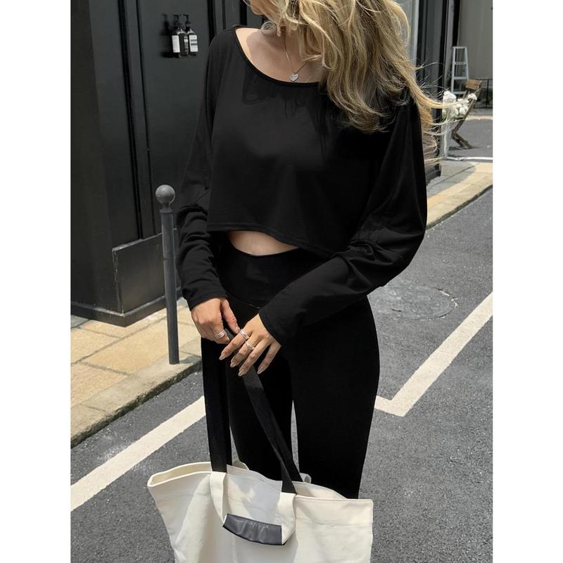 Womens Off The Shoulder Cropped Tops Batwing Long Sleeve Loose Fit Summer Boat Neck Workout T Shirts
