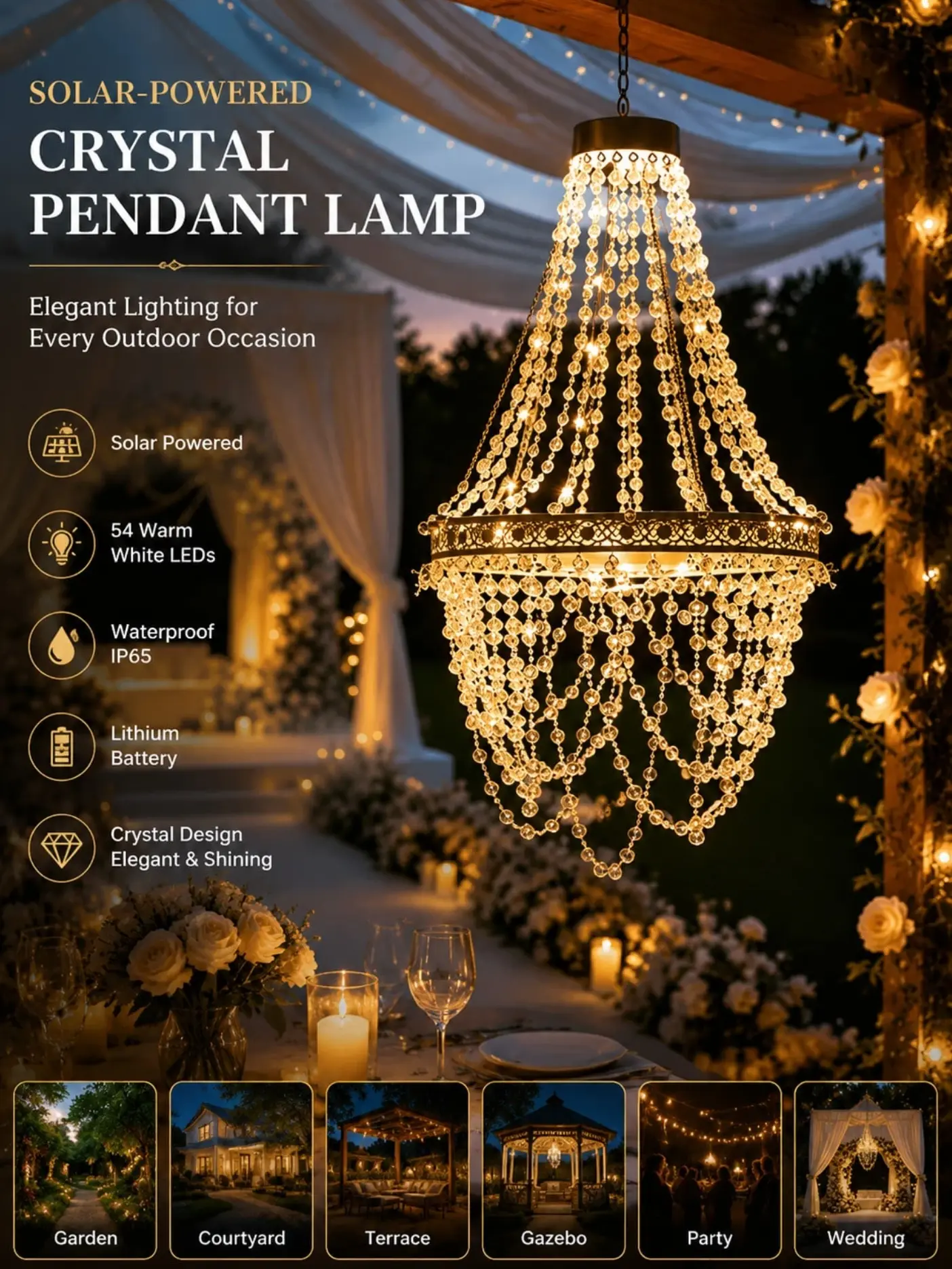 1pc Solar Crystal Pendant Chandelier, Outdoor Garden Decorative Light, Warm White LED Light, Waterproof, Elegant Crystal Design, Suitable for Gardens, Courtyards, Terraces, Gazebos, Parties & Weddings