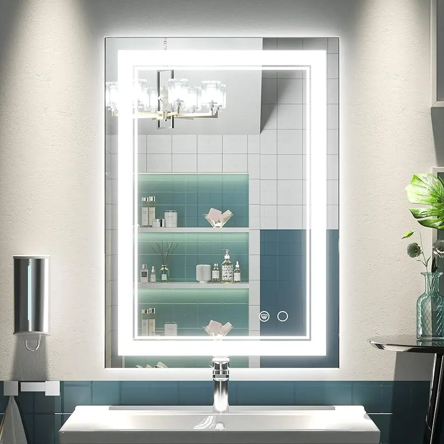 Keonjinn LED Mirror Bathroom Mirror with Front Lights, 20 x 28 Inch Lighted Vanity Mirror Wall Mounted Anti-Fog Memory Dimmable Frameless Bathroom LED Makeup Mirror, 6000K(Horizontal or Vertical)