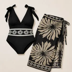 Women Plus Size Black Floral One Piece Swimsuit Set with Wrap Skirt, Deep V Tie Shoulder Bathing Suit, Resort Style Swimwear with Floral Print Detail for Beach Vacation Poolside Wear
