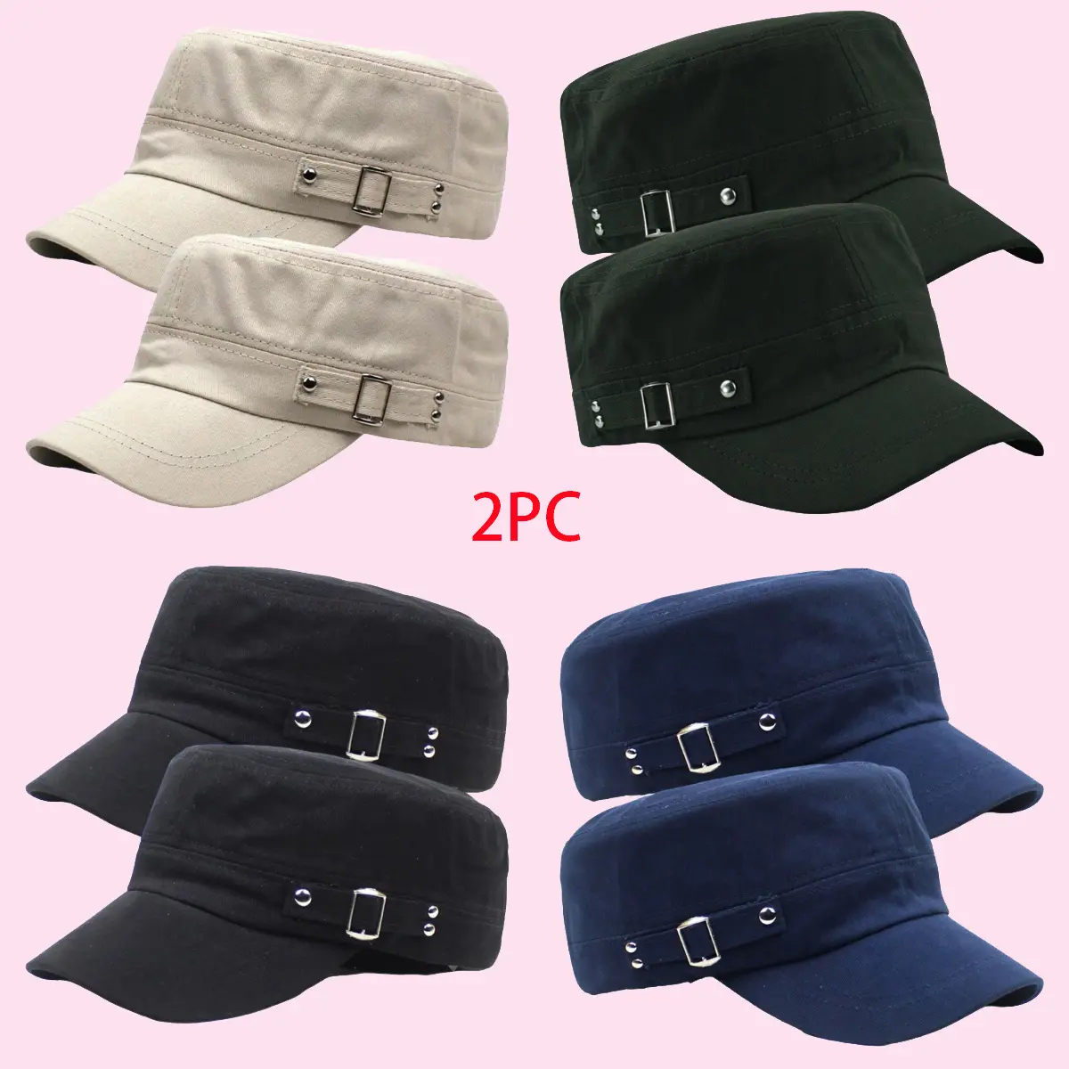 2-Pack Unisex Military Caps, Adjustable Flat Top Dad Hats with a Breathable 6-Panel Design for Outdoor Sports - Beige & Dark Blue, Casual, Fitted, Machine Washable