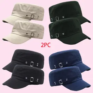 2pcs Men's Adjustable Flat Top Military Baseball Caps with Metal Buckle - Breathable 6-Panel Design, Beige & Dark Blue for Outdoor Sports, Cycling, Hiking, Fishing - Casual Dad Hat