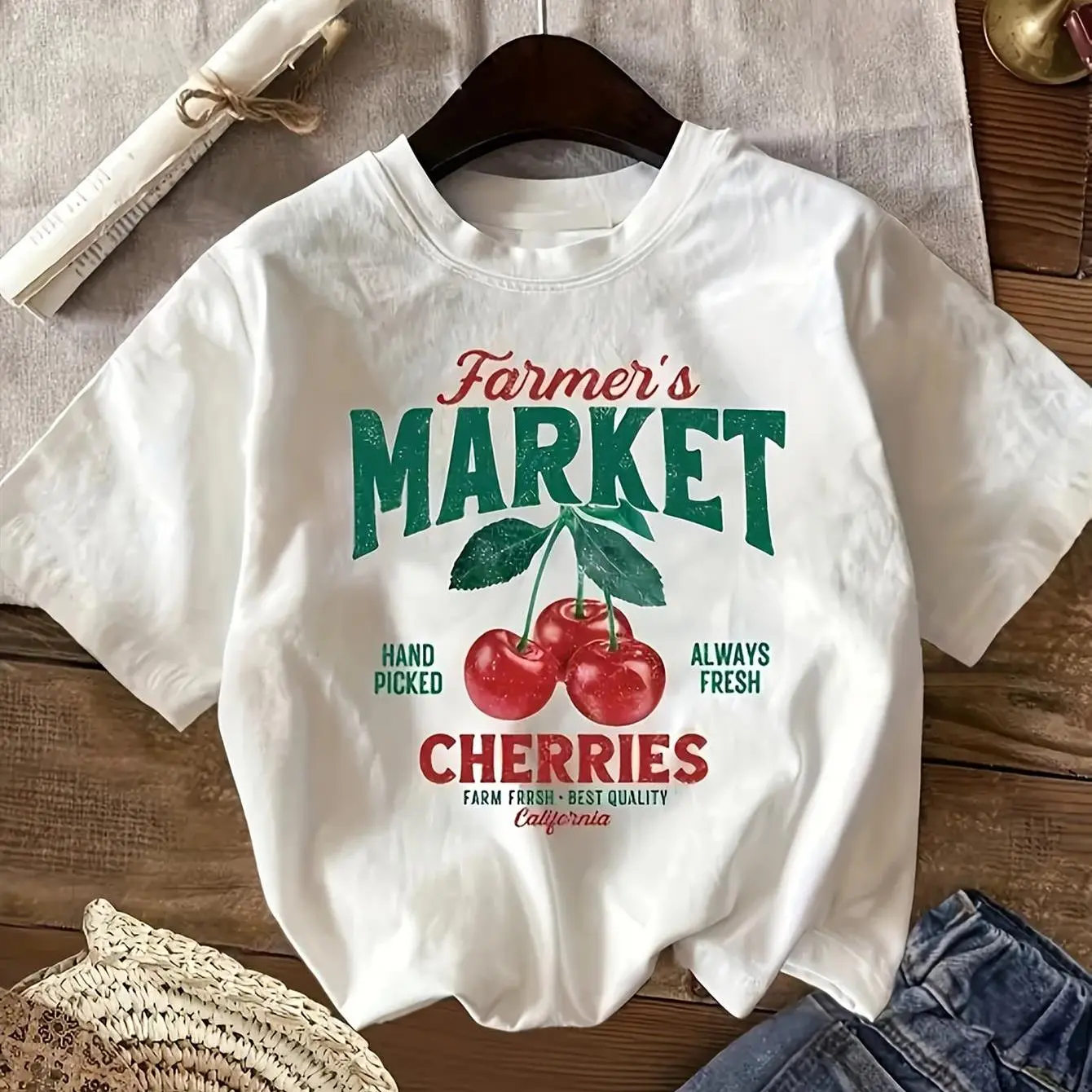 Women's 100% Cotton Vintage Cherry Graphic T-Shirt - Casual Round-Neck Fashion Top, Farmer's Market Retro Fruit Clothes for Women, Vintage T-Shirts, Cute Shirts