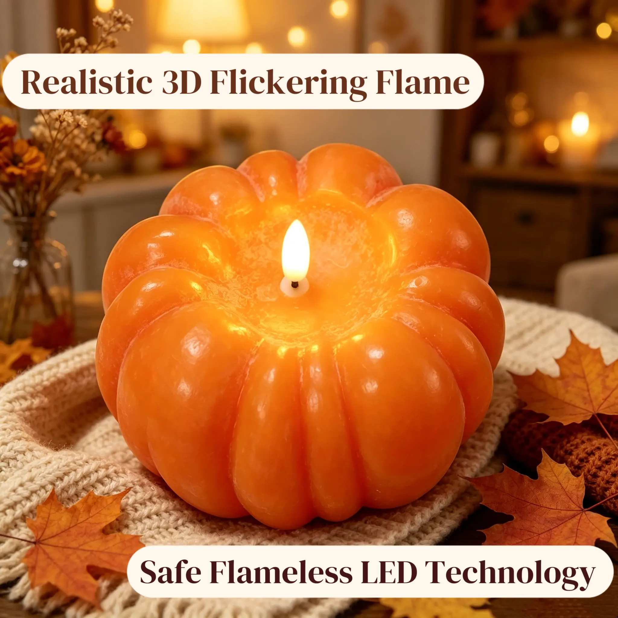 JMTONE Rechargeable Flickering Flameless Wax Pumpkin LED Candle - 5x4.5in, 300-Hour Runtime, Timer, LED Light Up Battery Powered Ornament, Festive Home Decoration for Rustic Fall Tiered Tray, Halloween Accent