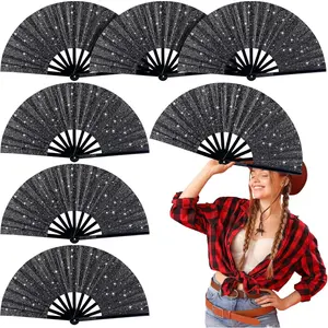 6 count Large Glitter  Fan Hand Clack Fan for Line Dancing Bulk Black Popping Clapping Party Favors Decoration  for Edm Festival Outfits(Classical)