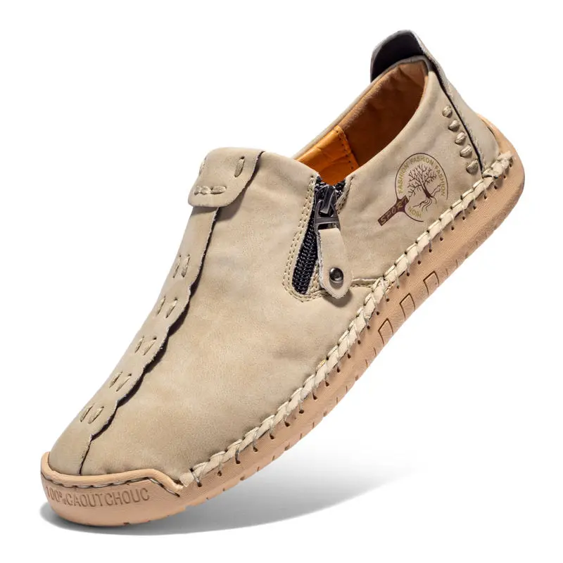 Men's Leather Casual Slip-On Footwear - Side Zipper, Hand-Stitched Details, Non-Slip Sole, Comfy Loafers for Daily, Office Wear