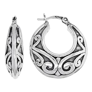 JTV Sterling Silver Oxidized Graduated Floral Tube Hoop Earrings