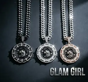 Iced Out Rotating Leopard Head Pendant Cuban Chain Necklace |   Men Women Hip Hop Bling Jewelry |   Luxury Rapper Style Sparkling Pendant Black Cubic Zirconia