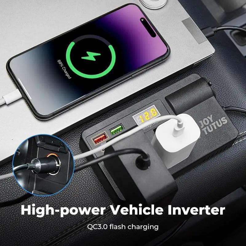 JOYTUTUS Car Power Inverter 12V–24V to 220V with Smart Chip QC3.0 Fast Charging USB Ports Bonus Wireless CarPlay Adapter for Laptops Tablets Mobile Phones JOYTUTUS Car Power Inverter 12V–24V to 220V with Smart Chip QC3.0 Fast Charging USB Ports Bonus Wireless CarPlay Adapter for Laptops Tablets Mobile Phones