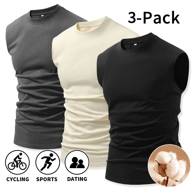 3-Pack Men’s Slim Fit Crew Neck Stretch Cotton Sleeveless Tank Tops — Solid Black/Cream, Fitted Waist, Ruched Design, Reinforced Stitched Collar, Breathable, Form-Fitting Undershirts for Gym Training, Cycling, Running, Dating Outfits, Daily Commute, and L
