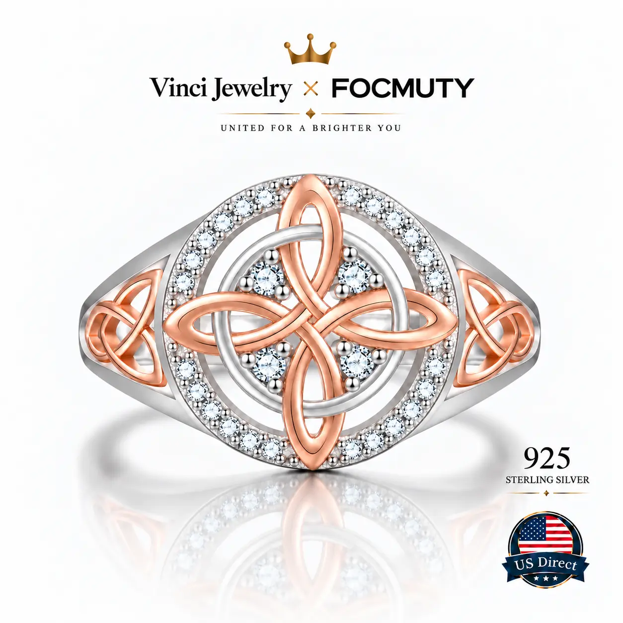 FOCMUTY 925 Sterling Silver Rose Gold Plated Celtic Knot Ring Anillo Nudo de Bruja Plata Original Witch Knot Jewelry, Cubic Zirconia Decorated S925 Witches Knot Ring, Witchtok Witch Pagan Jewelry for Devotion for Protection Gift for Her,Mother's day