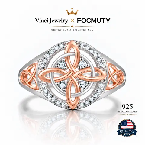 FOCMUTY 925 Sterling Silver Rose Gold Plated Celtic Knot Ring Anillo Nudo de Bruja Plata Original Witch Knot Jewelry, Cubic Zirconia Decorated S925 Witches Knot Ring, Witchtok Witch Pagan Jewelry for Devotion for Protection Gift for Her,Mother's day