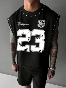 Men's Sleeveless Vest with Rivets and '23' Print, Casual Loose Short Fit, Trendy Streetwear for All Seasons, Gym, Fashion and Tops