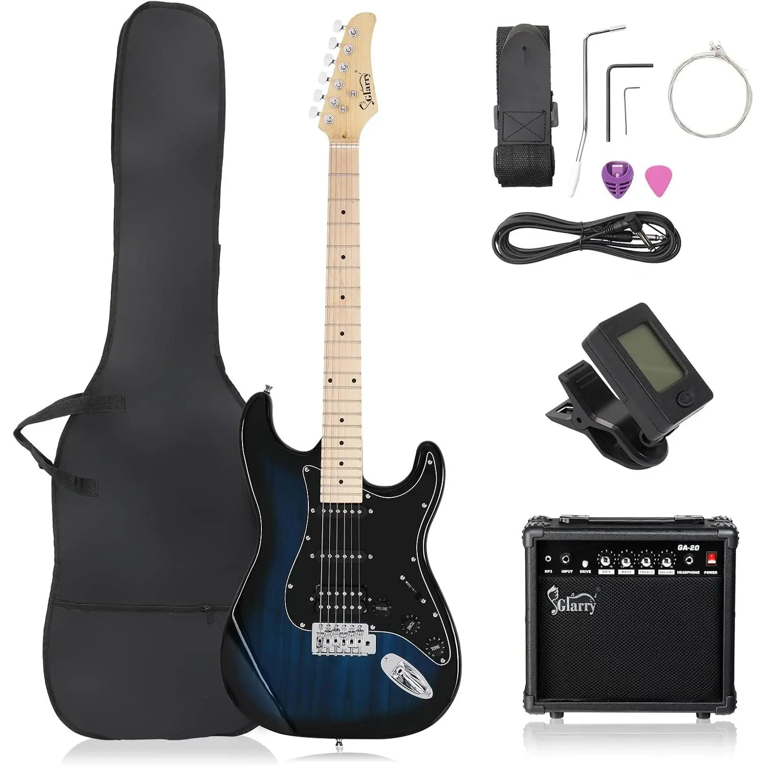 GLARRY 39" GST Series Electric Guitar Kit with Amp for Beginner Starter, HSS Pickups Full Size Guitar Included Digital Tuner, Strings, Picks, Tremolo Bar, Shoulder Strap, and Portable Case (Dark Blue)