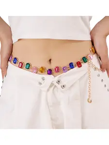 Women's Y2K Colorful Gem Waist Chain, Bohemian Feng Shui Rhinestone Belly Chain, Summer Beach Party Body Jewelry for Dresses and Jeans