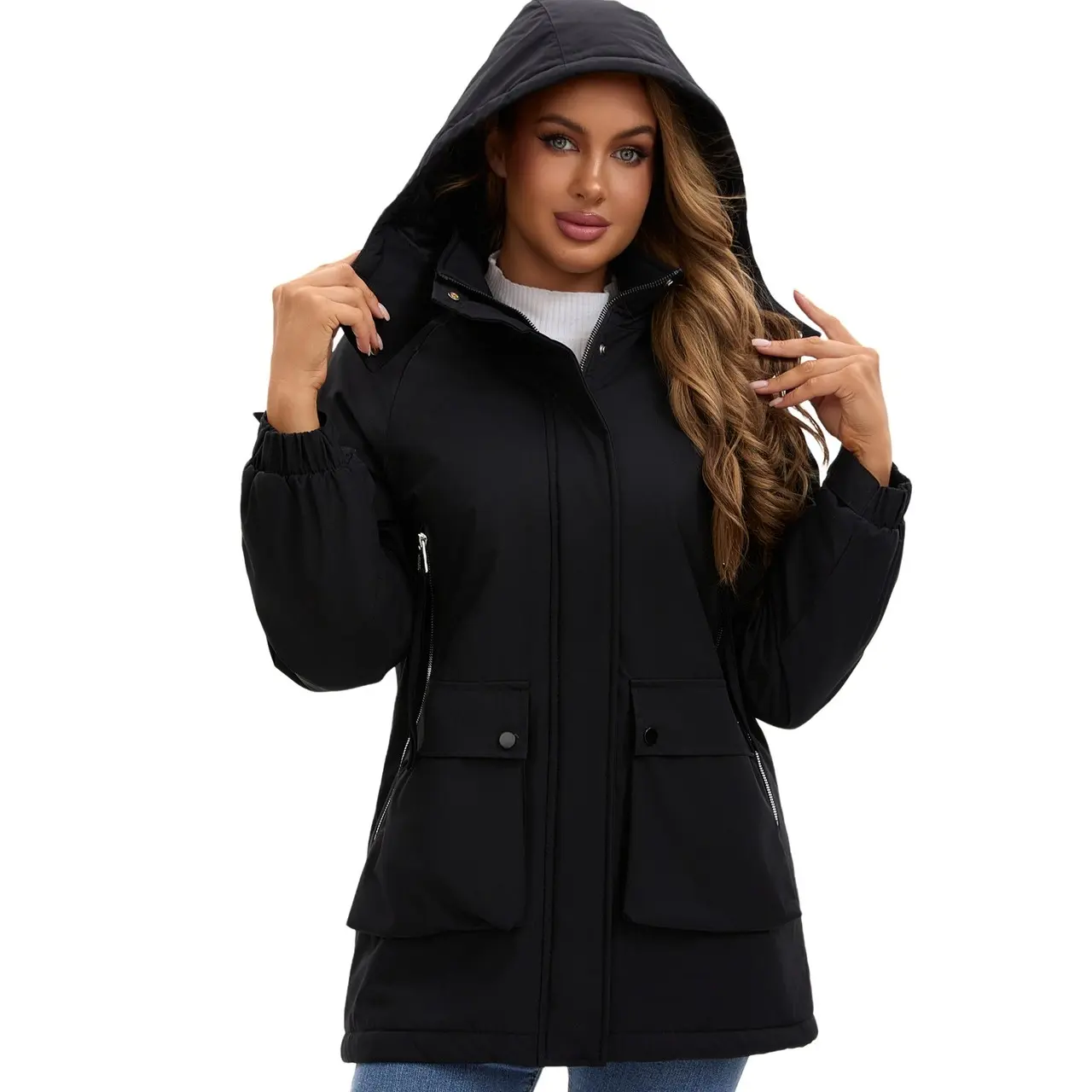 Women's Chic Fitted Padded Winter Parka Jacket - Hooded Zip-Front Polyester Fabric Outerwear with Removable Hood, Zipper Closure for Cold Weather Tops, Zip Front Jacket, Waterproof, Woven, Dry Clean, Long campingessentials, Quilted Lightweight Jacket