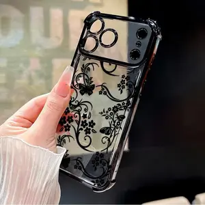 Elegant Floral Vines Pattern Four Corner Anti-Fall Phone Case Transparent Electroplated Protective Cover for iPhone 17 Pro Max Air 16 15 Plus 14 13 12 11 XS MAX iPhone case
