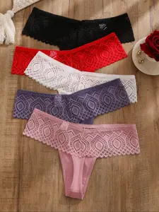 5-Pack Hollow Lace Sexy Women's Thongs, Comfortable Breathable Elegant Fashion Low Waist Underwear, Suitable for All Seasons