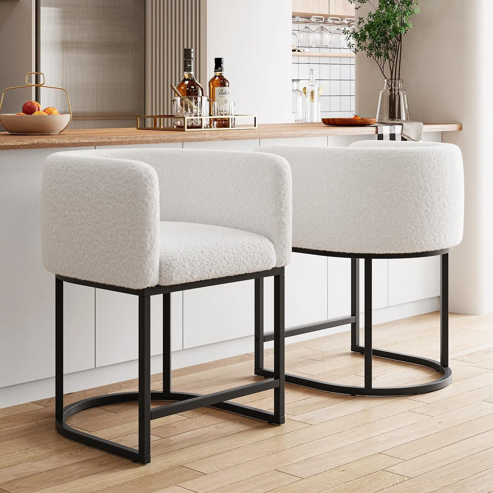 GAOMON Modern Counter Height Bar Stools Set of 2, White Lambswool Cushioned Seats, Backrest, Armrests, Black Metal Frame, Kitchen Island, Bar, Dining Room