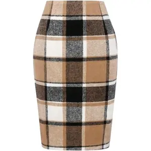 Plaid Skirts for Women Fall Winter Knee Length Pencil Wool Skirt with Slit