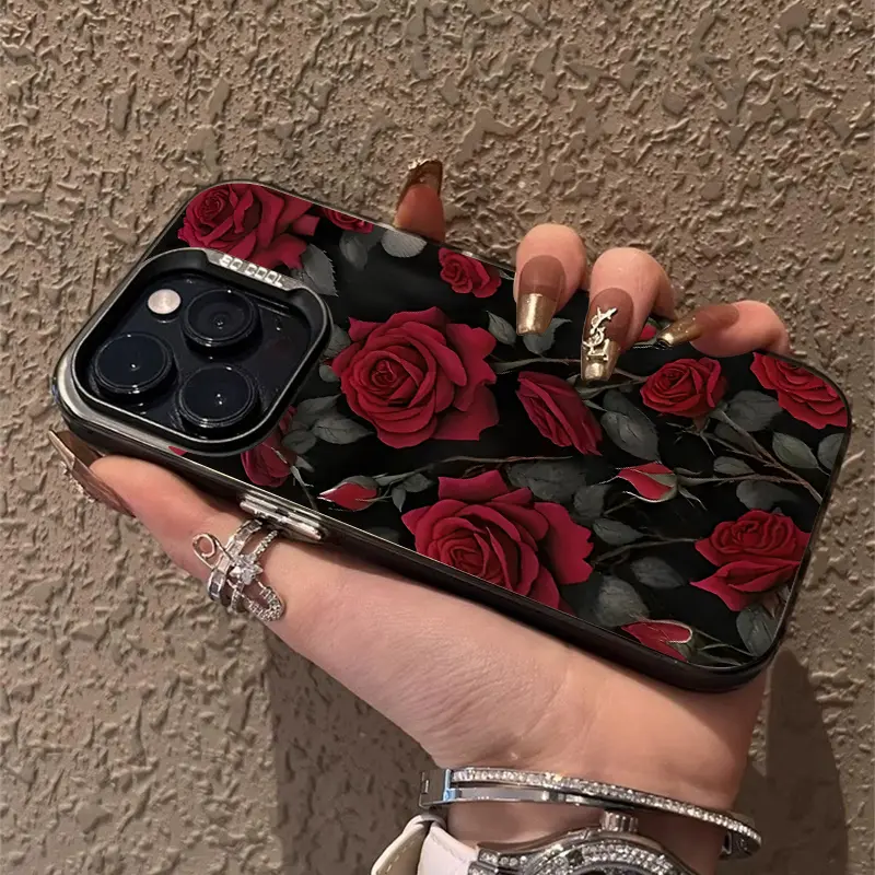 Phone case for iPhone 16 Pro Max 15 Plus 14 13 12 11 XR XS A screen full of roses Pattern Full Body Protection Anti-Scratch PC Smartphone Cover Protector Black Silicone Protective