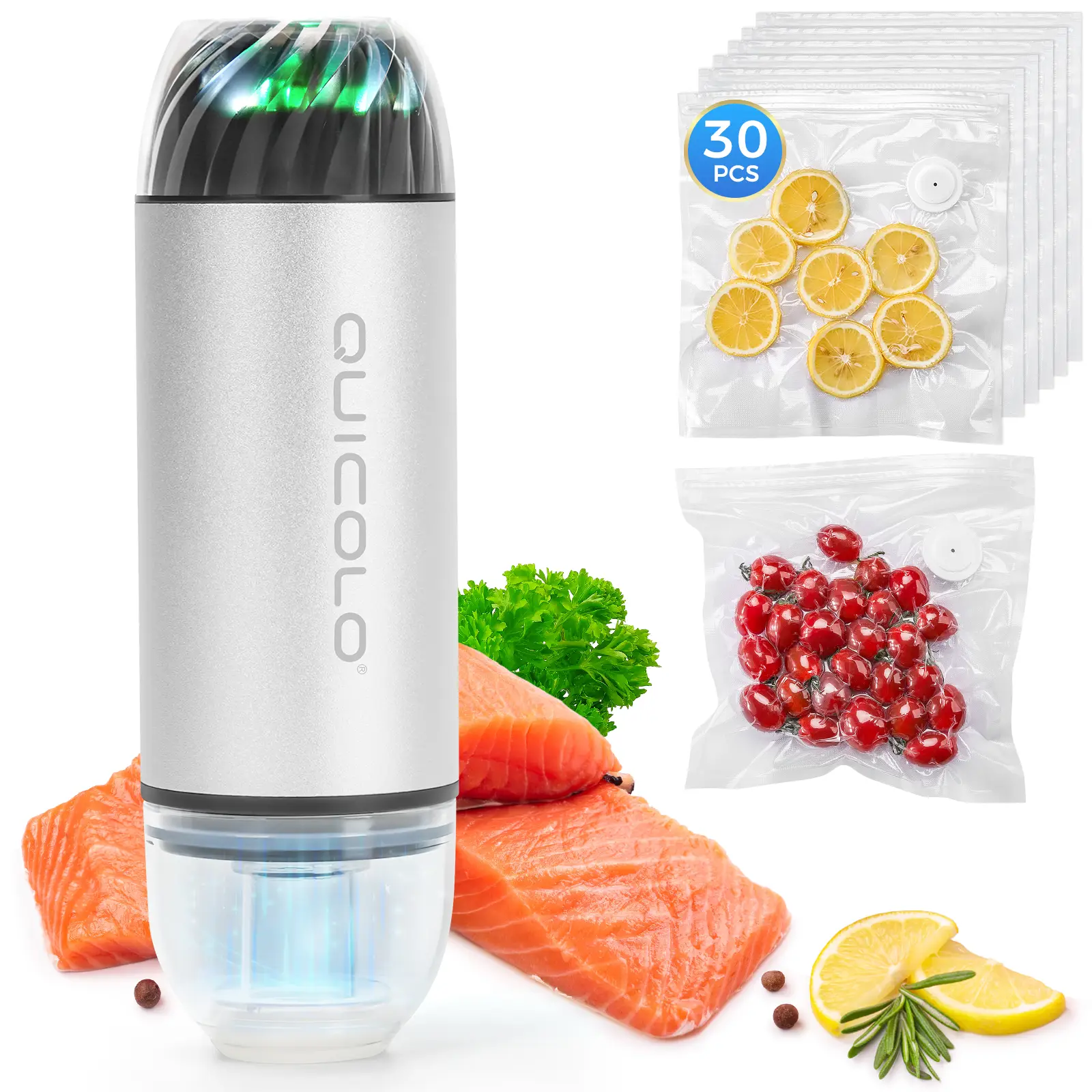 Quicolo Compact Vacuum Sealer with 60KPa Pro Suction (Incl. 30 Reusable Bags), Ice-Cooling Contact Portable Food Saver for Meal Prep, Camping & Kitch