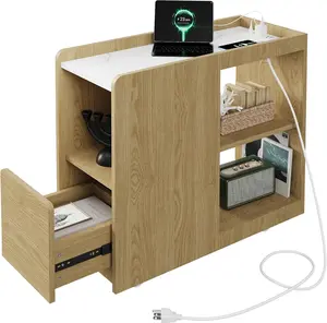 End Table with Charging Station, Mobile Side Table with Drawer, 3-Level Adjustable Shelf, 2 AC Outlets, Lockable Wheels, Nightstand for Living Room, Bed Room, Kitchen